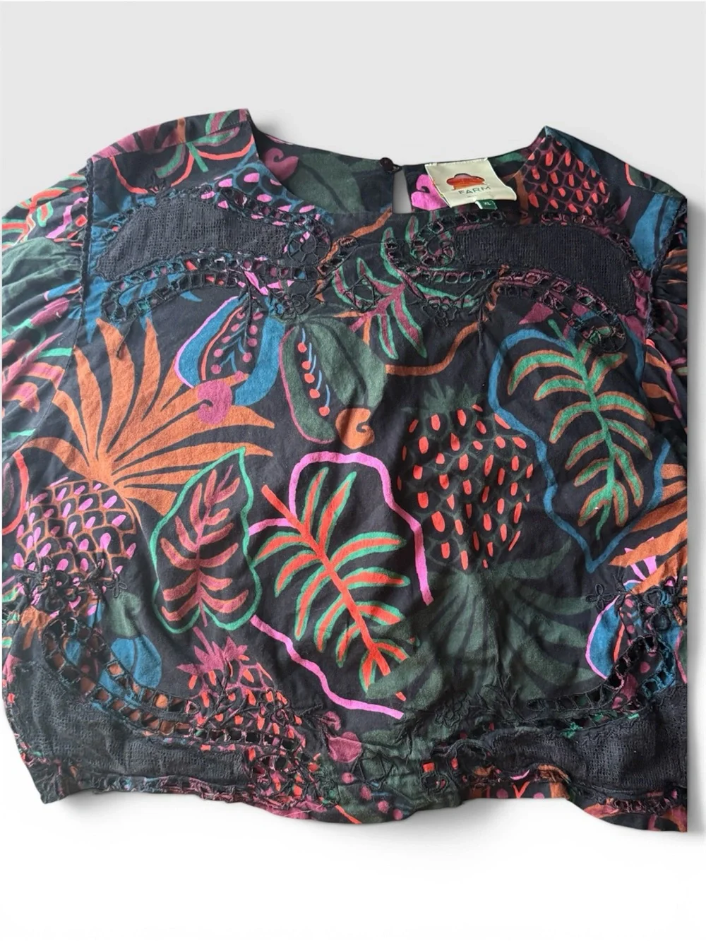 FARM Rio Black Tropical-Print Puff-Sleeve Blouse